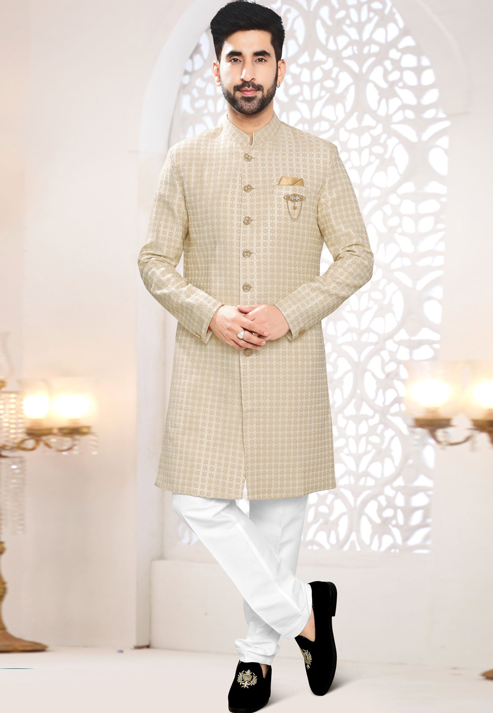 Beige Jacquard Indo Western Suit 306449