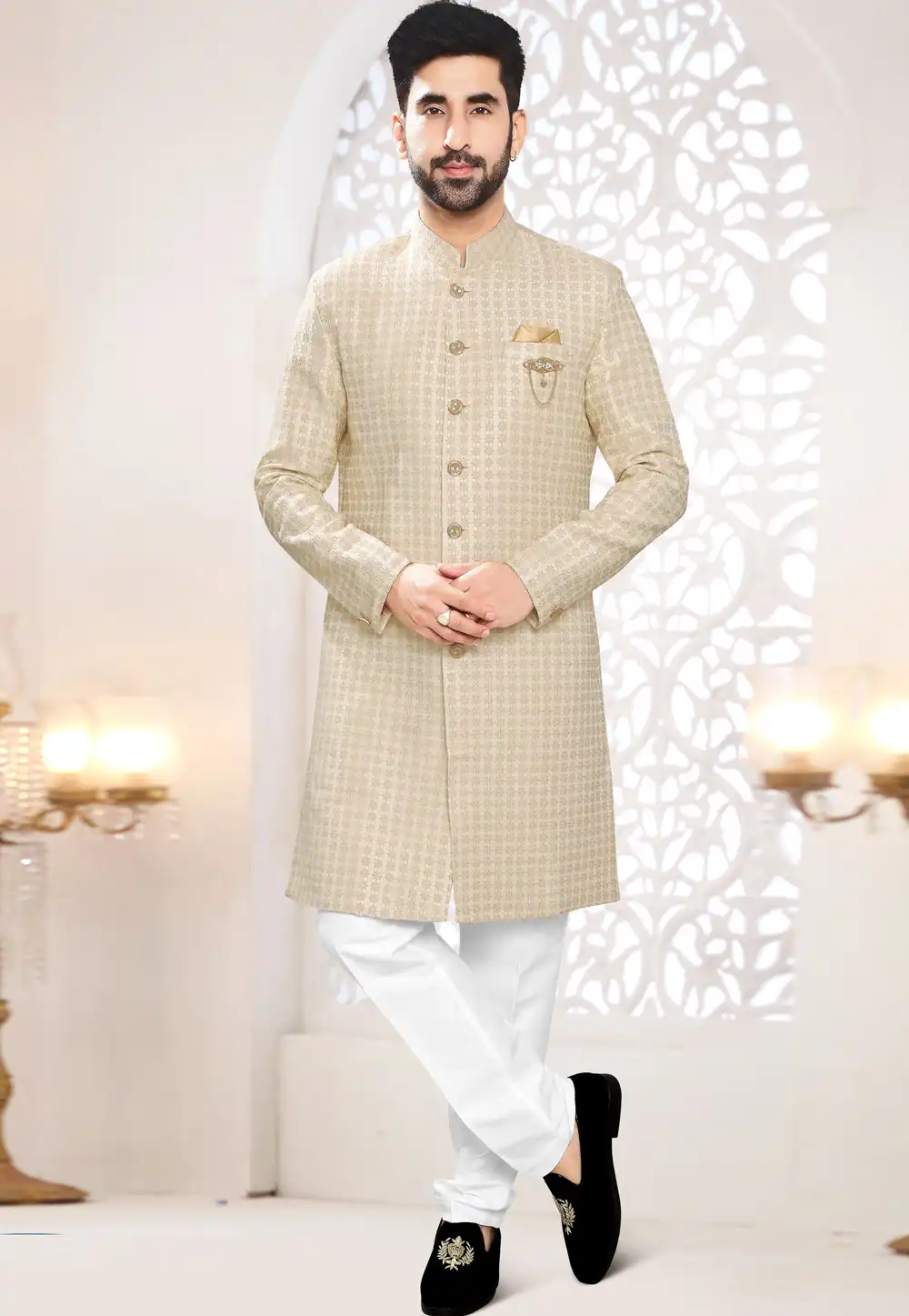 Beige Jacquard Indo Western Suit 306449