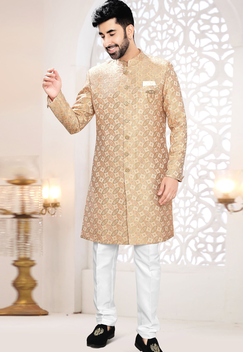 Beige Jacquard Indo Western Suit 306459