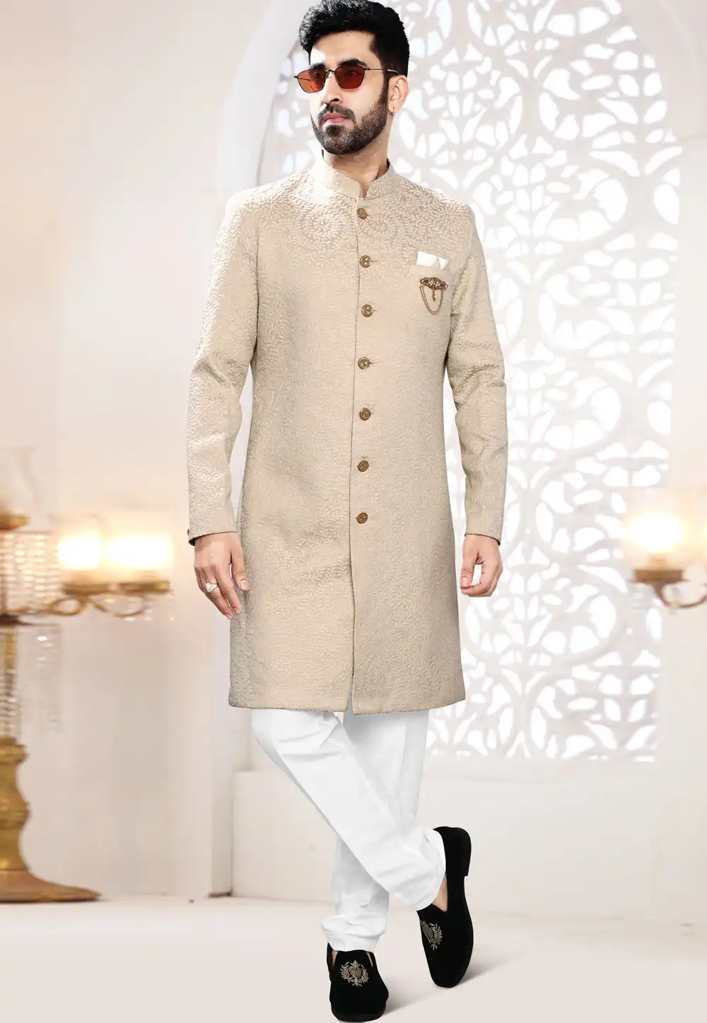 Beige Jacquard Indo Western Suit 306464