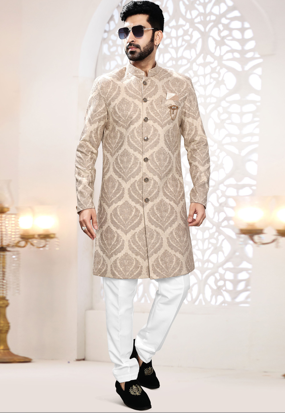 Beige Jacquard Indo Western Suit 306466