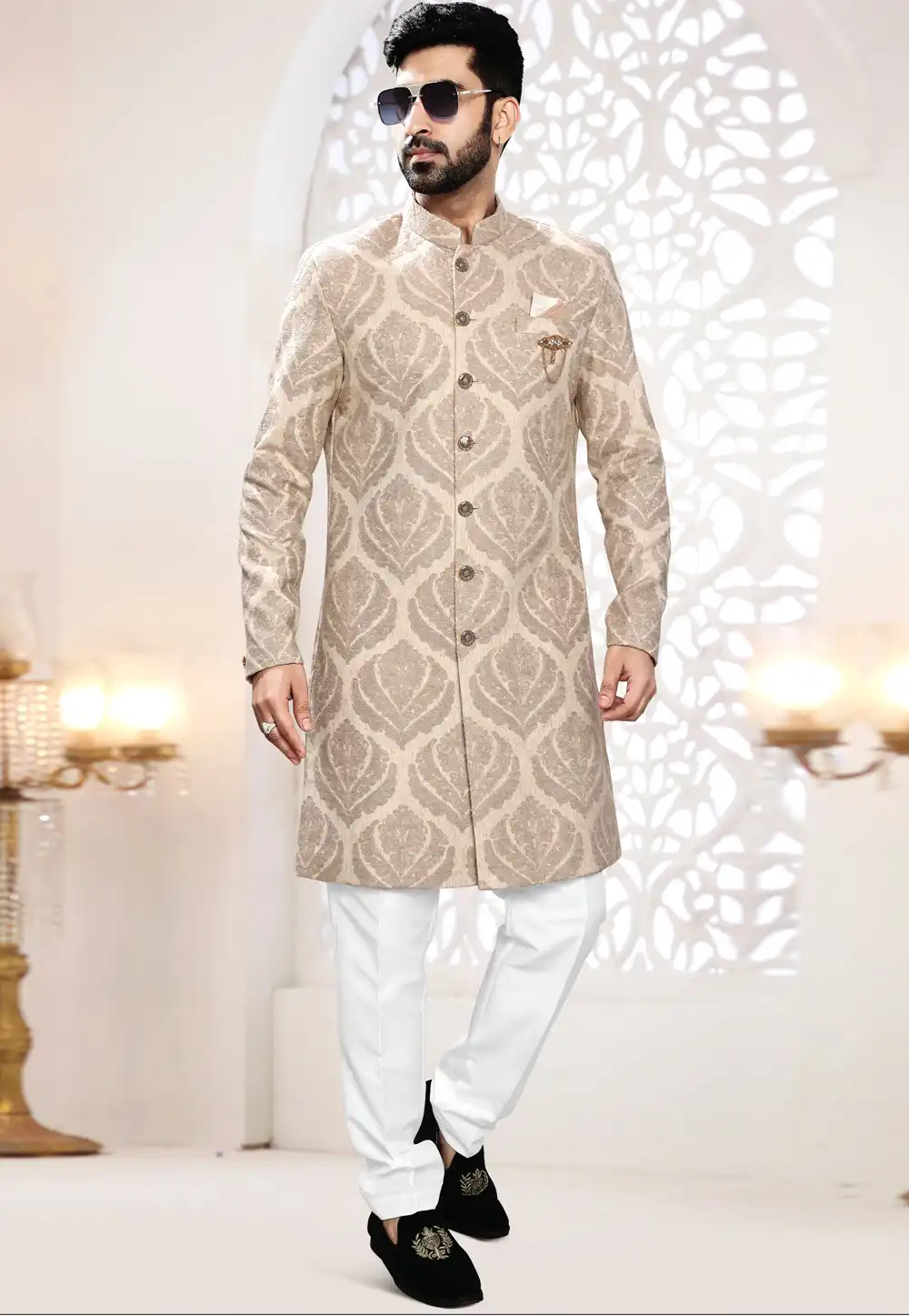 Beige Jacquard Indo Western Suit 306466