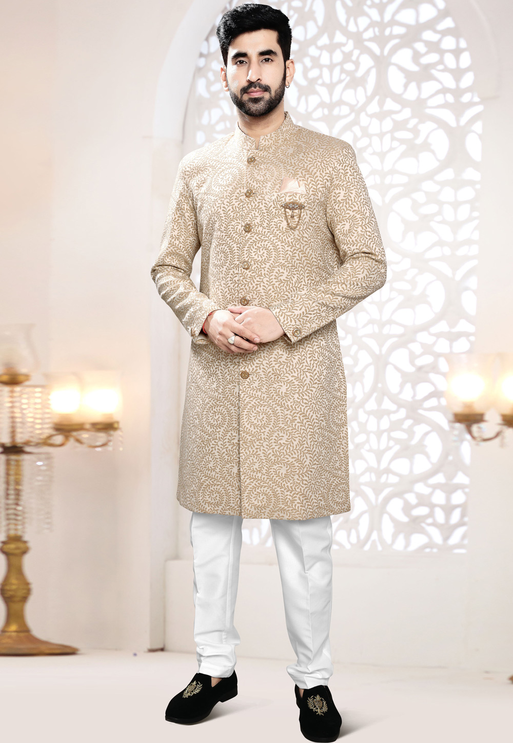 Beige Jacquard Indo Western Suit 306468