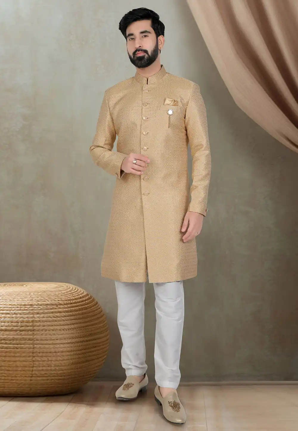 Beige Jacquard Indo Western Suit 311755
