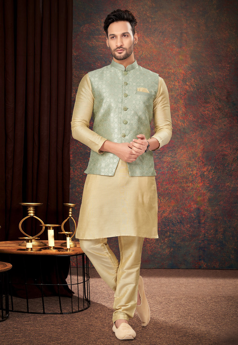 Beige Jacquard Kurta Pajama With Jacket 283991