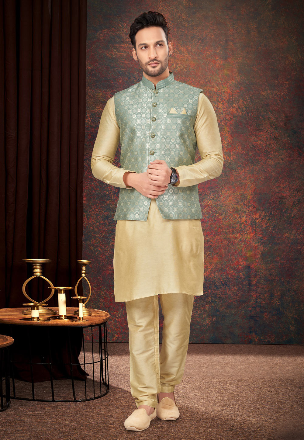 Beige Jacquard Kurta Pajama With Jacket 283992