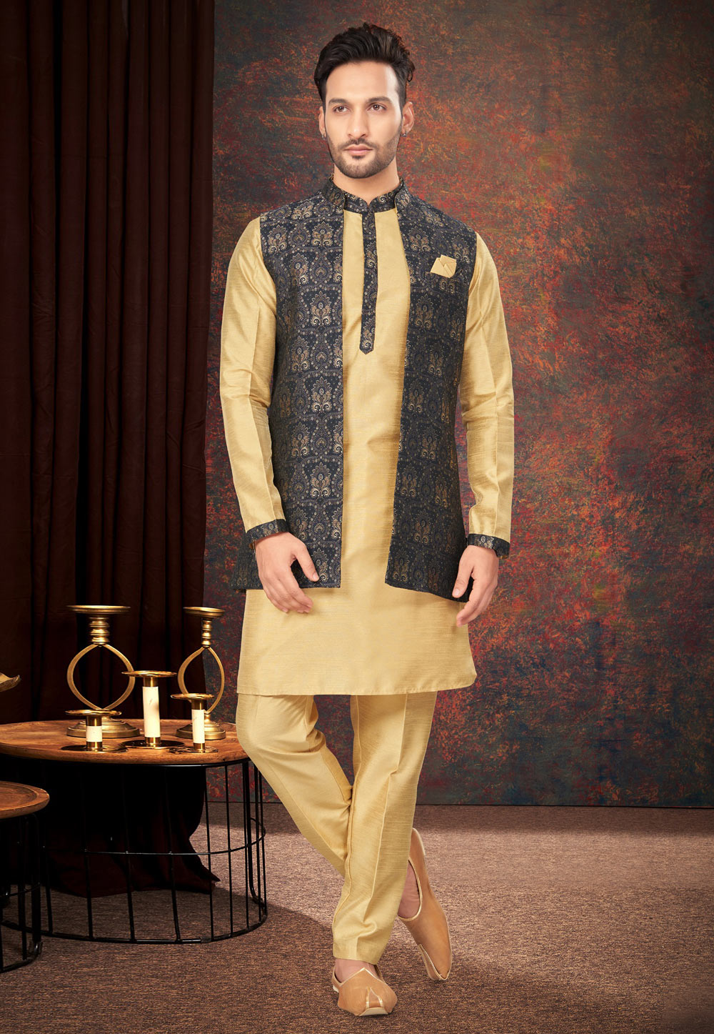 Beige Jacquard Kurta Pajama With Jacket 283994