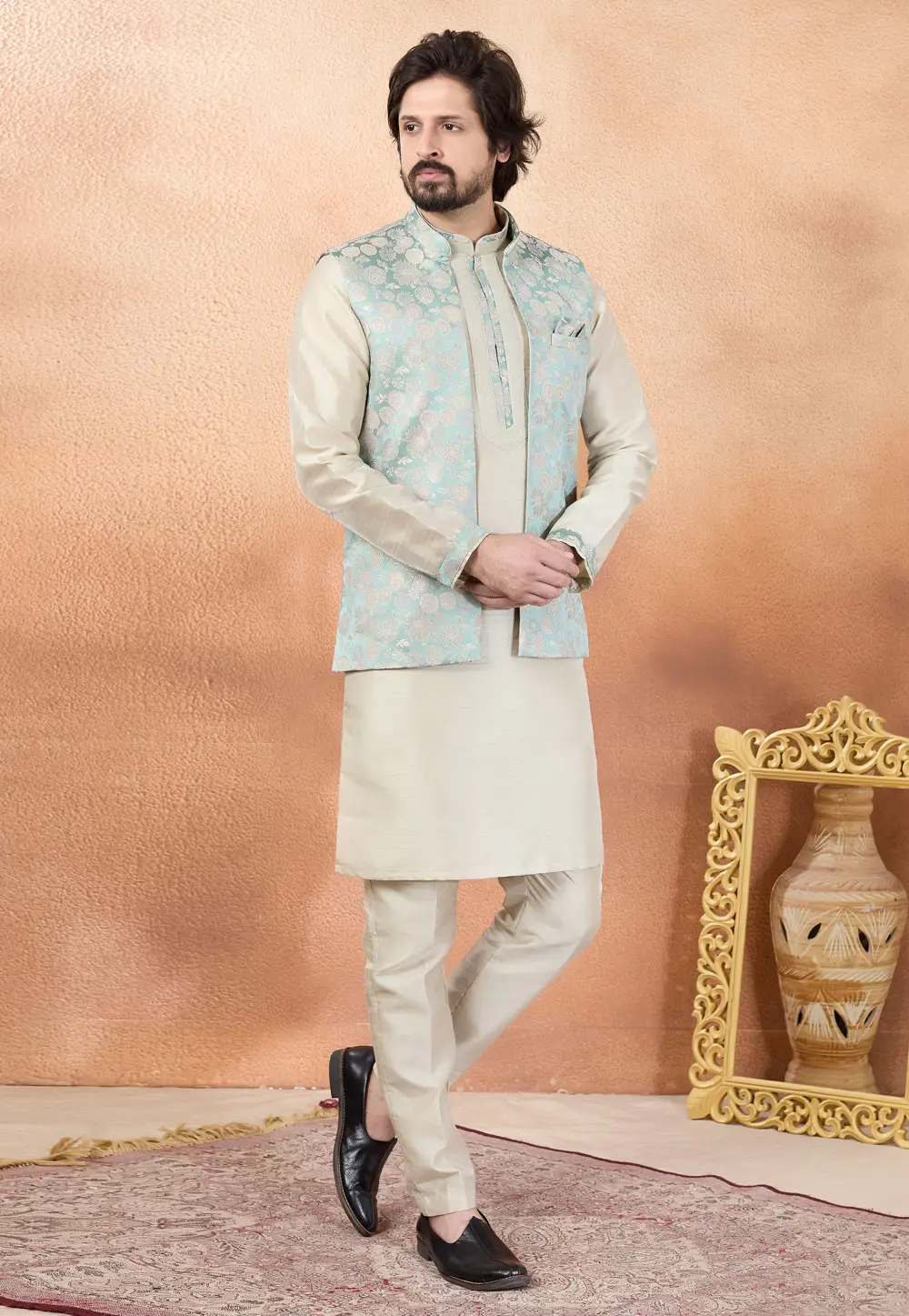 Beige Jacquard Kurta Pajama With Jacket 335926