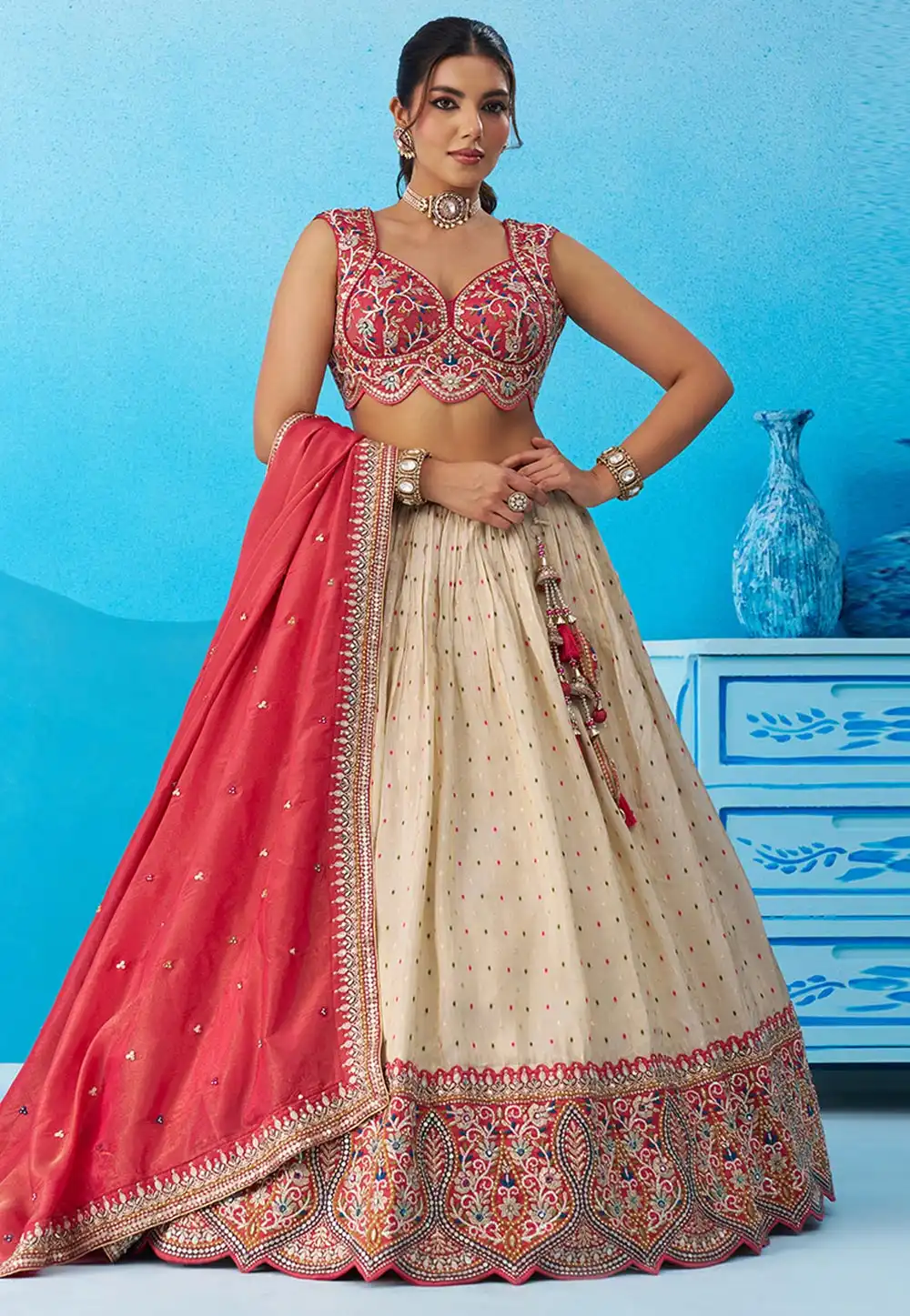 Beige Jacquard Lehenga Choli For Wedding 326164