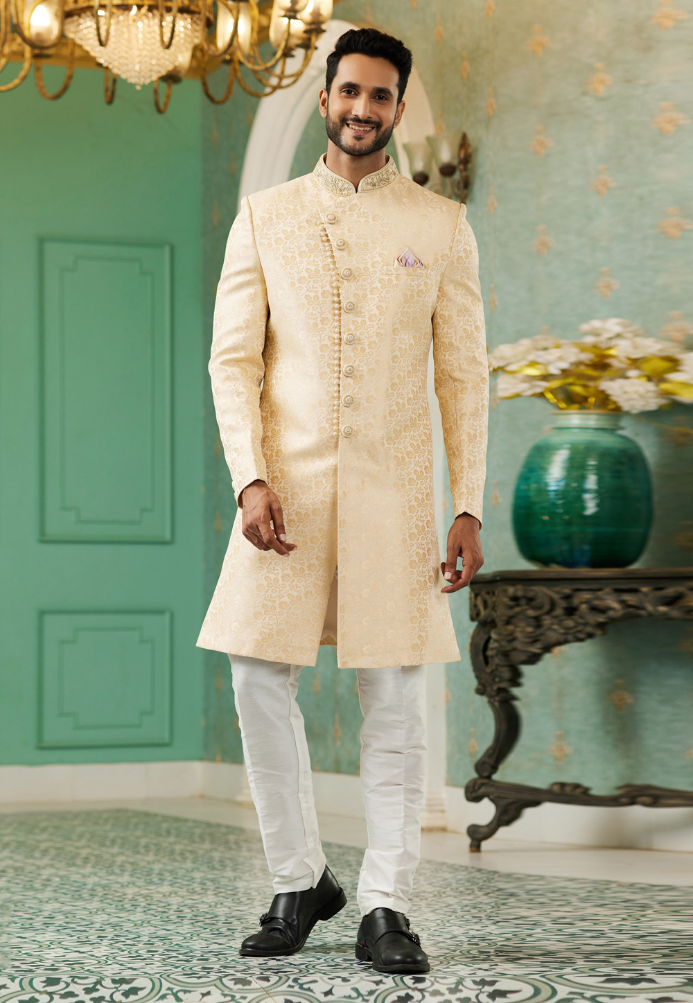 Beige Jacquard Silk Indo Western Sherwani 278299