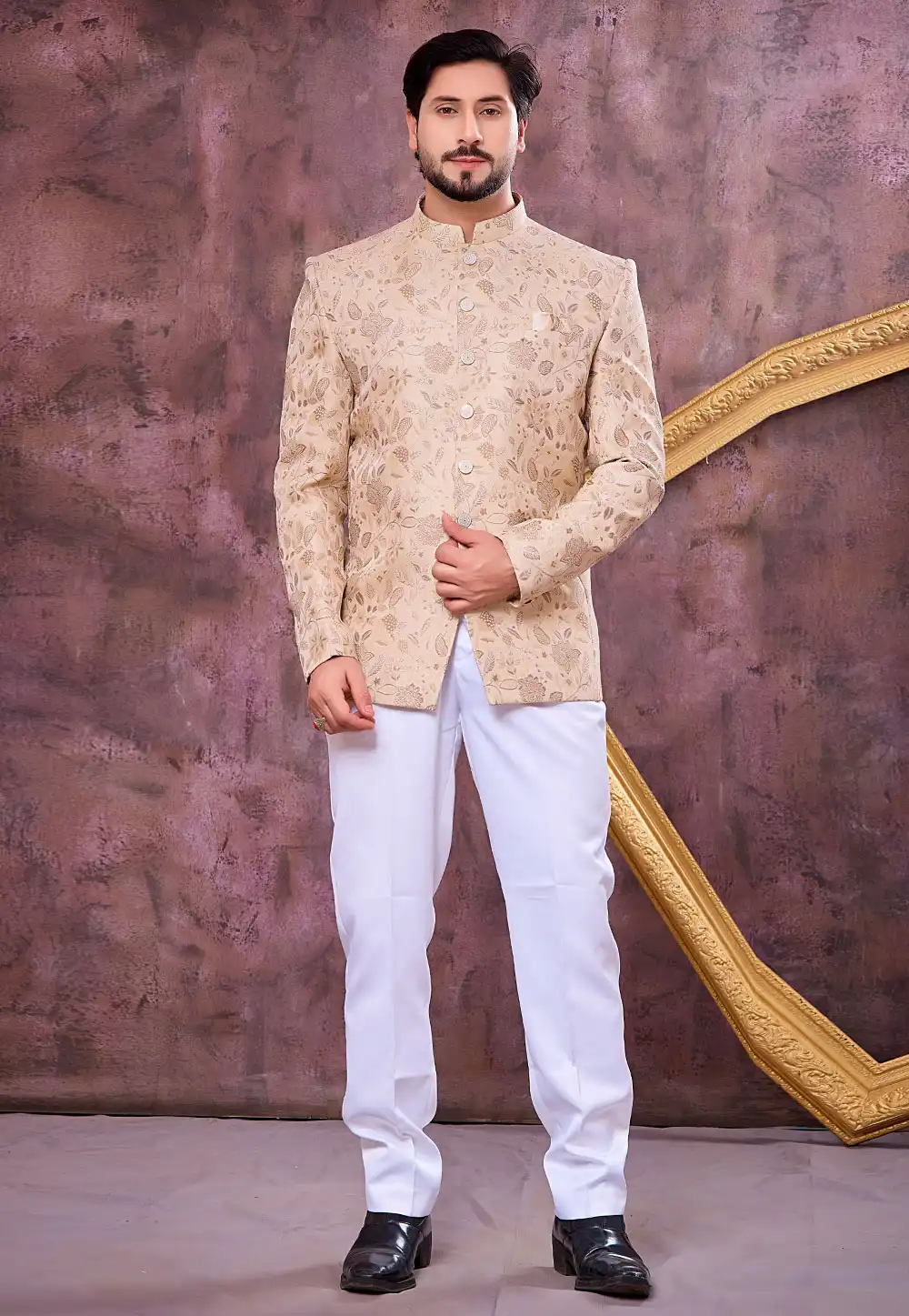 Beige Jacquard Silk Jodhpuri Suit 327082