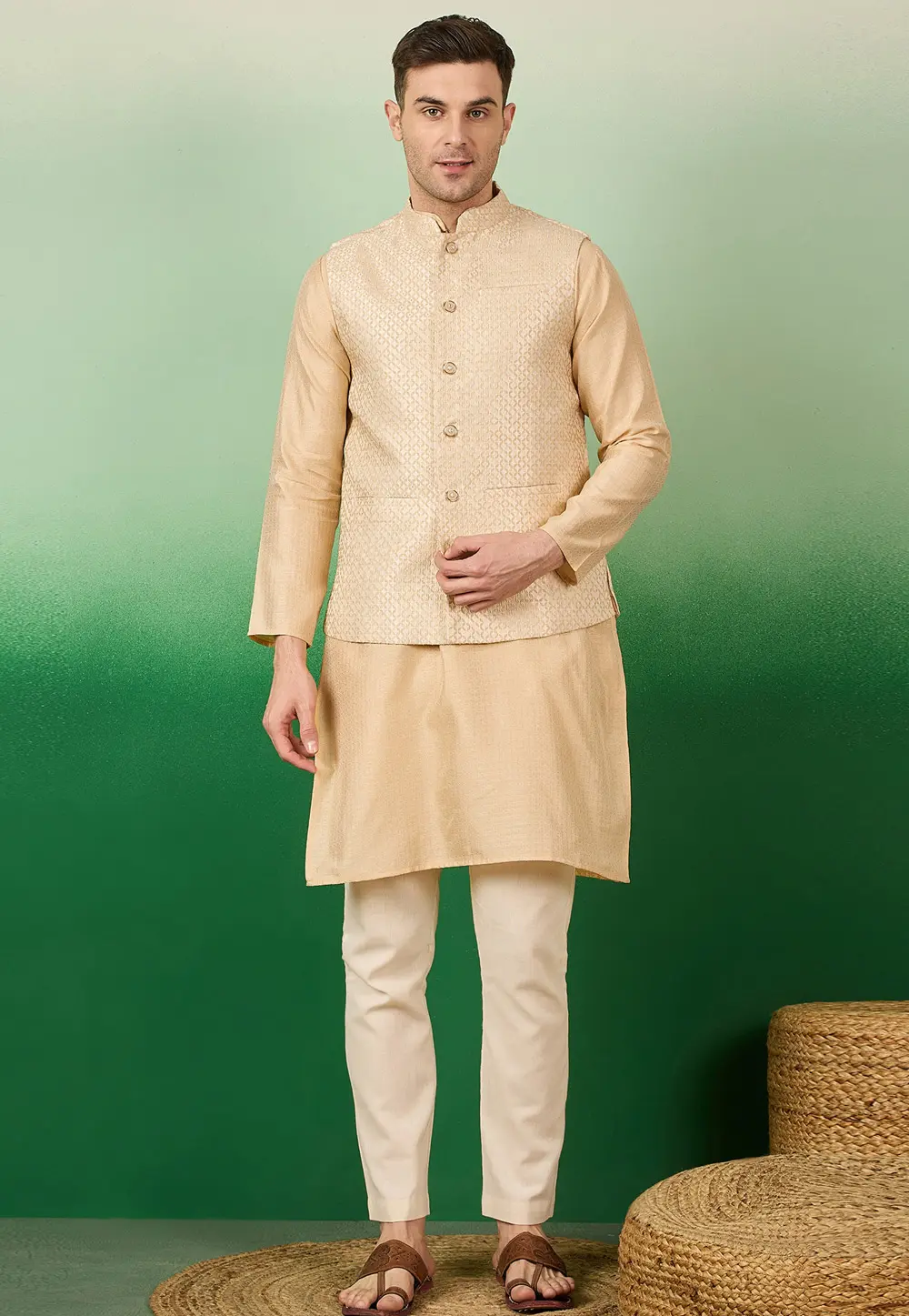 Beige Jacquard Silk Kurta Pajama With Jacket 331558
