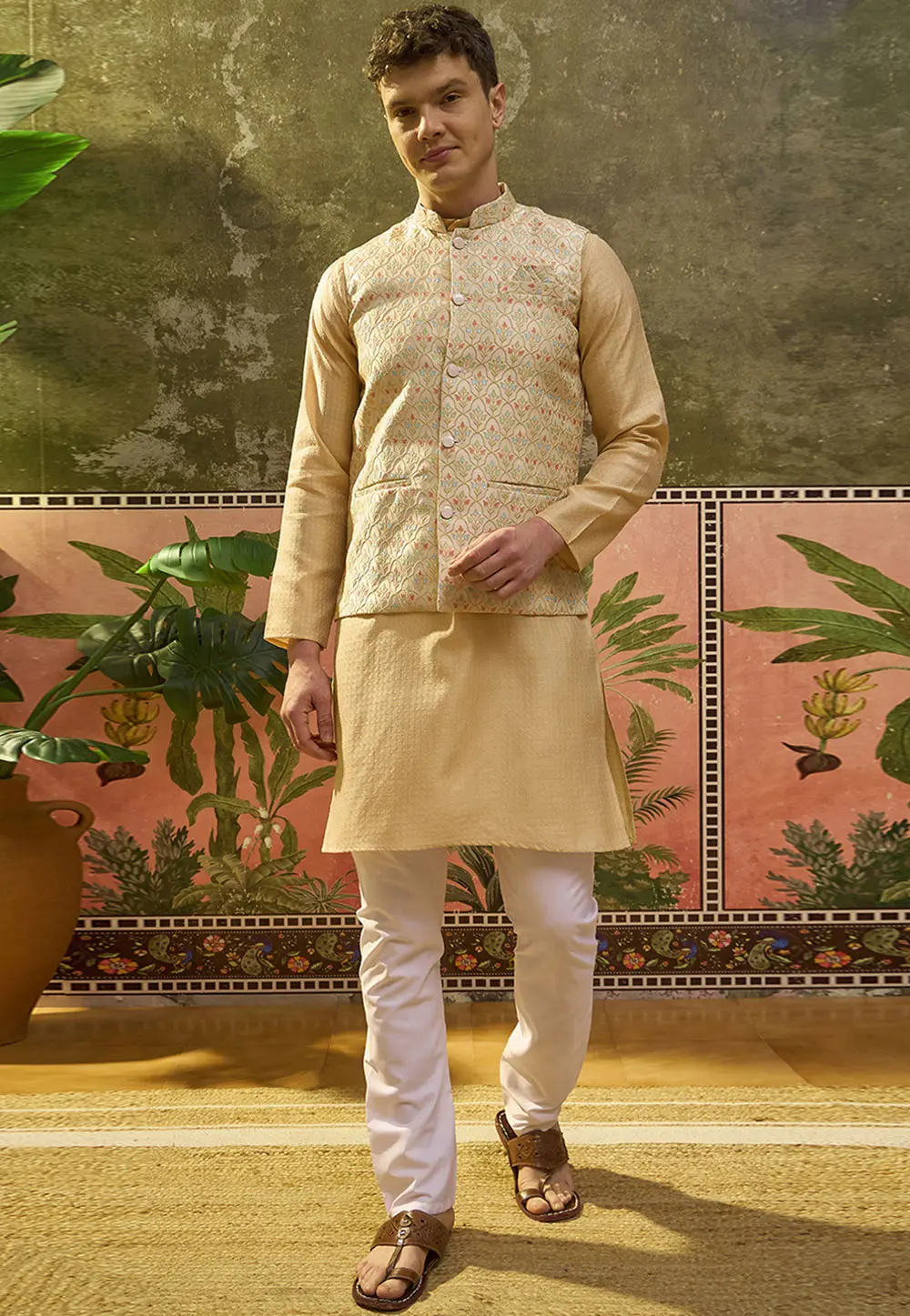 Beige Jacquard Silk Kurta Pajama With Jacket 331562
