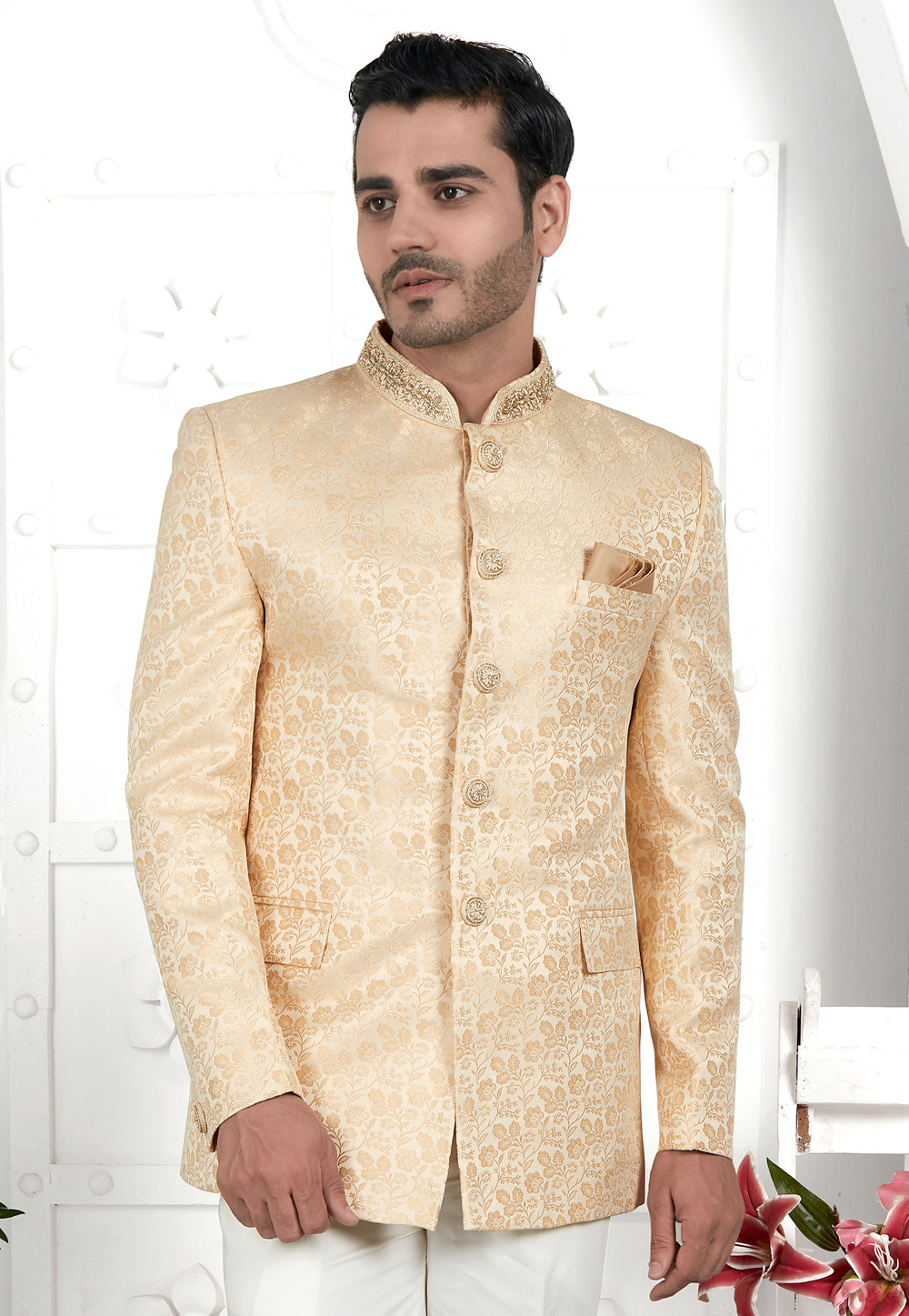 Beige Jacquard Silk Jodhpuri Jacket 280370