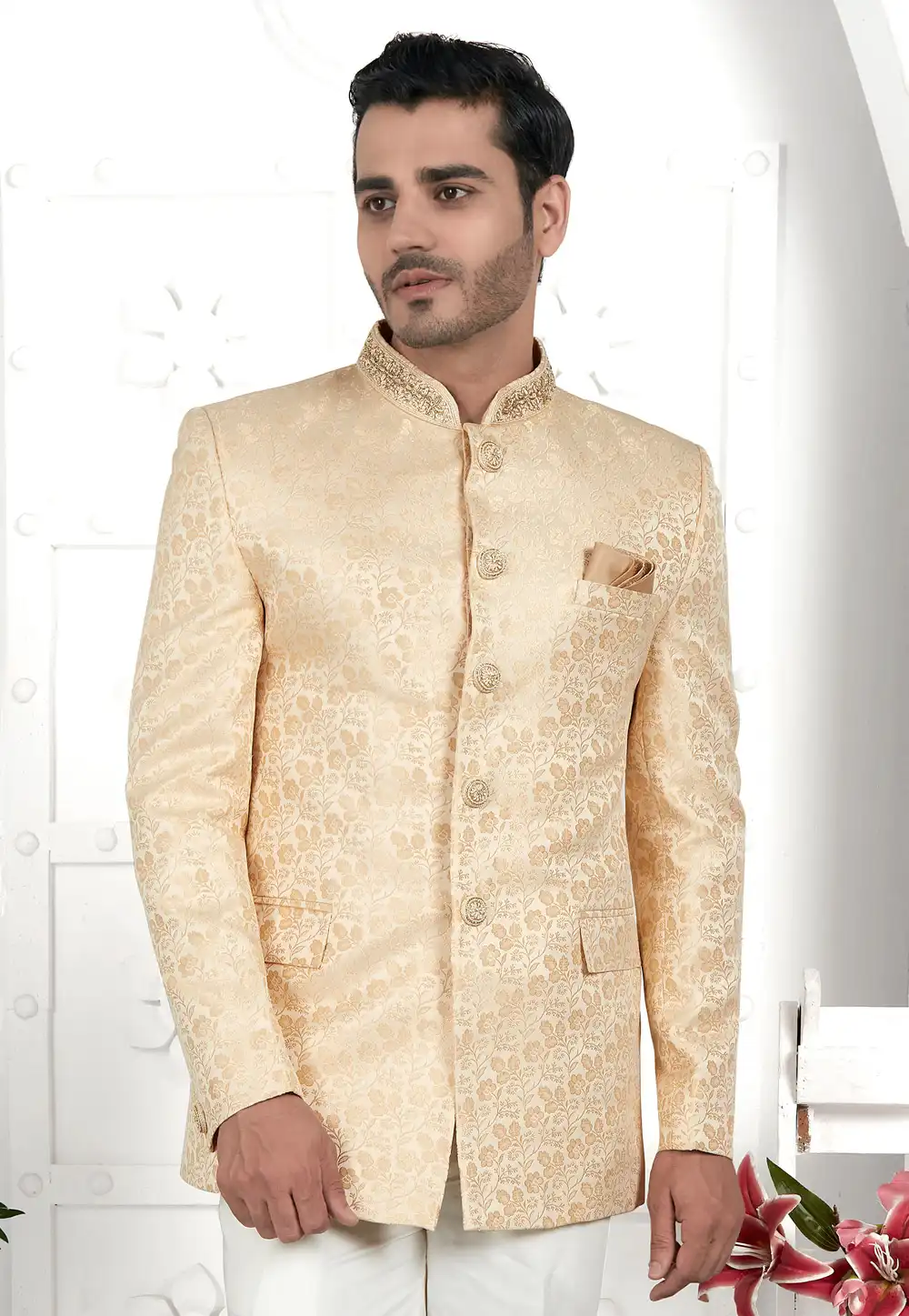 Beige Jacquard Silk Jodhpuri Jacket 280370