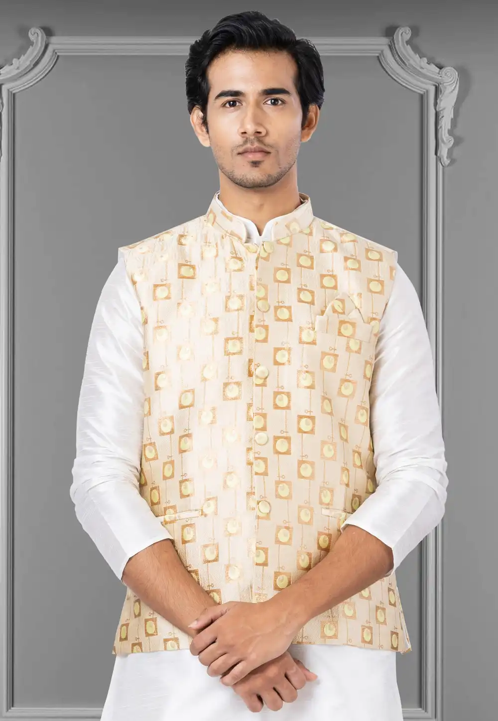 Beige Jacquard Silk Nehru Jacket 286944