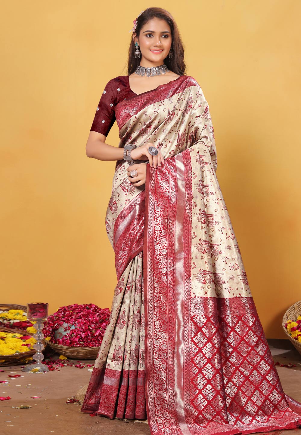 Beige Kanjivaram Silk Saree With Blouse 307711