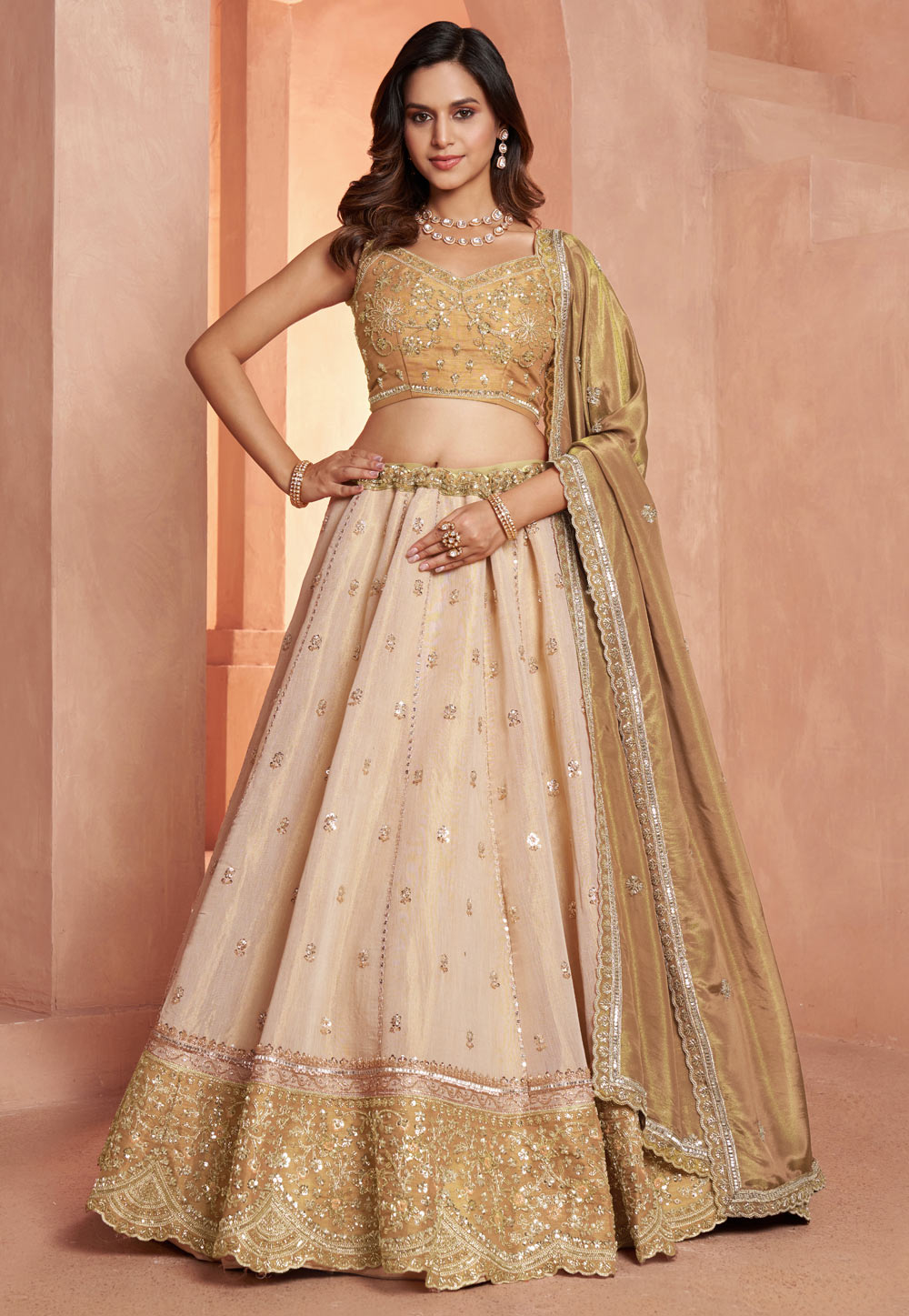 Beige Kanjivaram Silk Wedding Lehenga Choli 329403