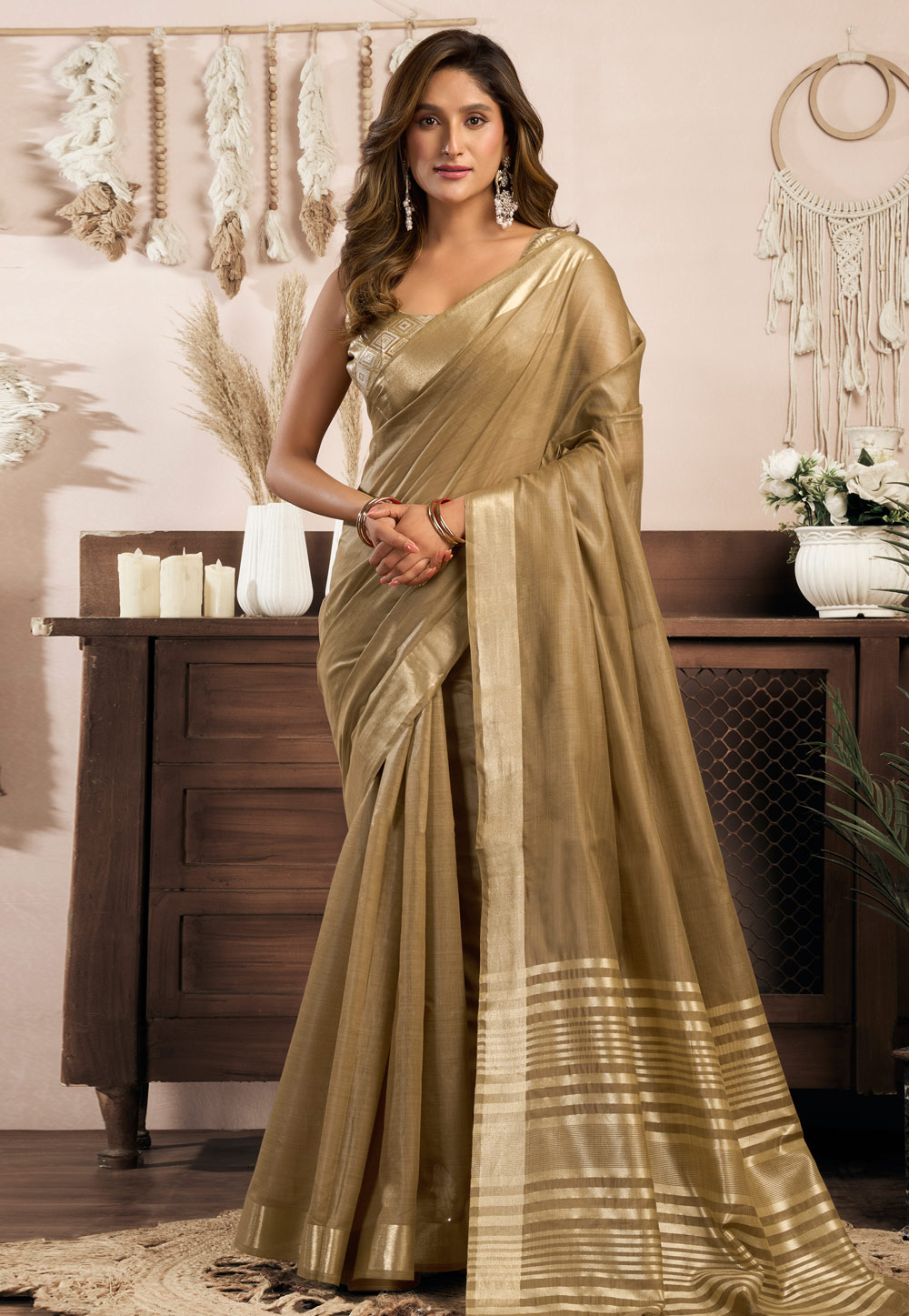 Beige Khadi Cotton Saree With Blouse 321520