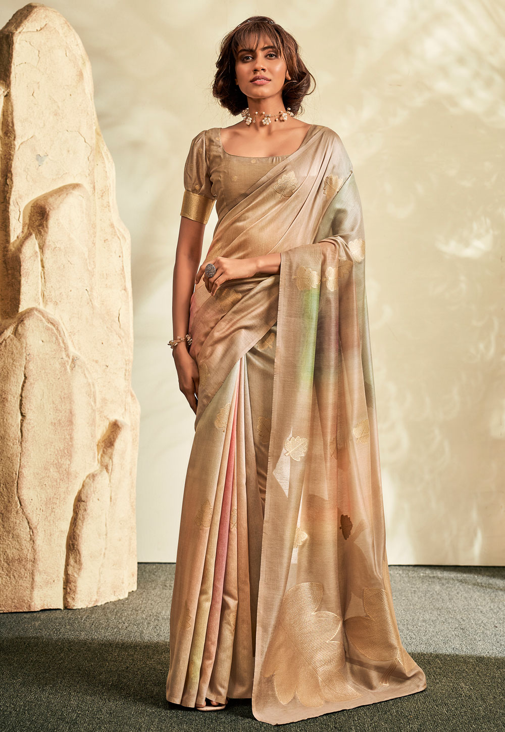 Beige Khadi Saree With Blouse 283826