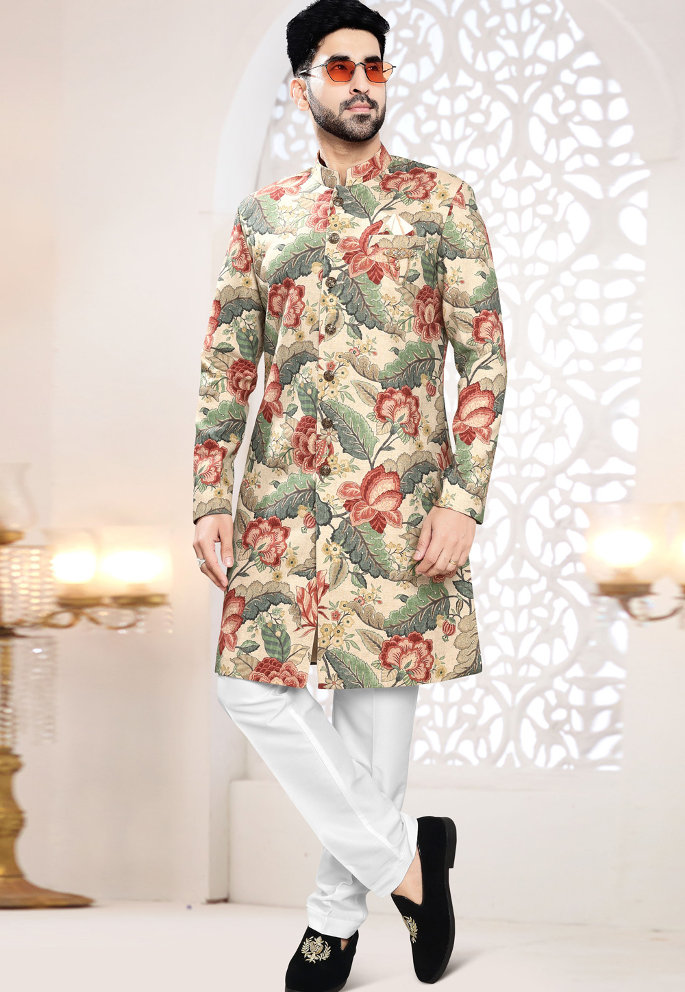 Beige Linen Indo Western Suit 306433