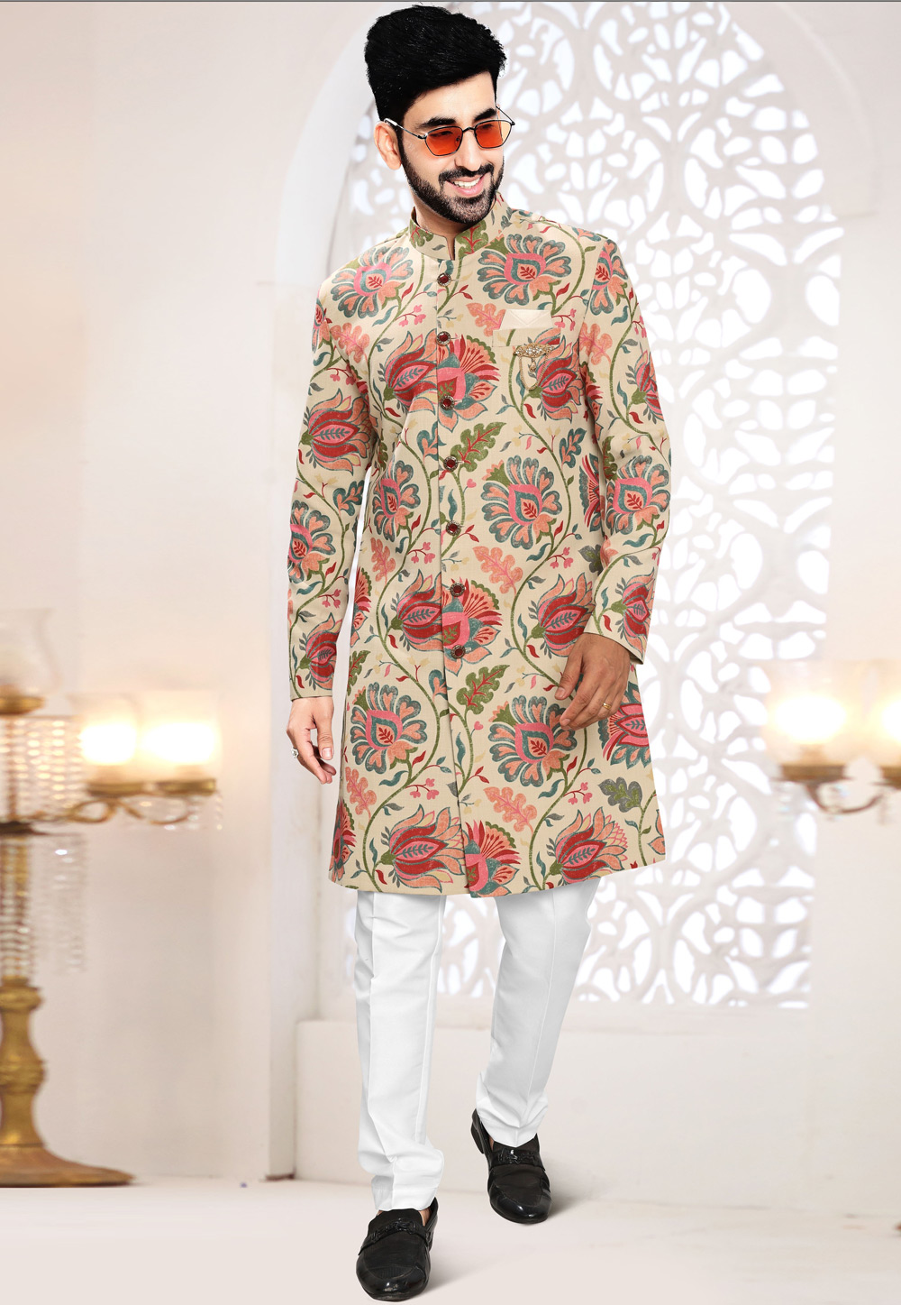 Beige Linen Indo Western Suit 306446