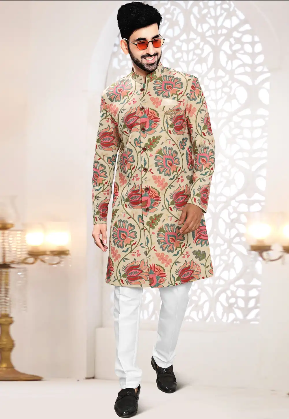 Beige Linen Indo Western Suit 306446