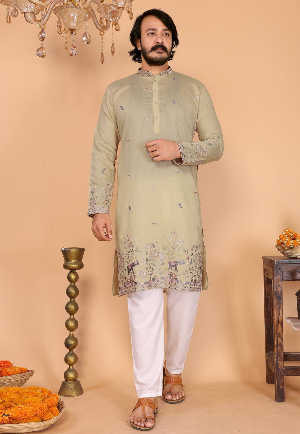 Beige Linen Kurta Pajama 322097