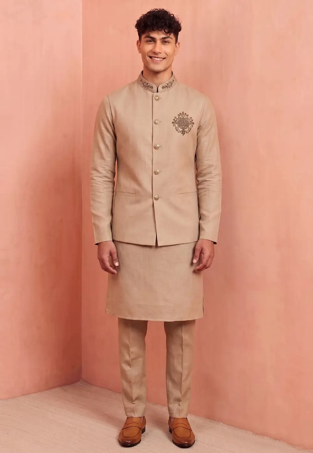 Beige Linen Kurta Pajama With Jacket 333757