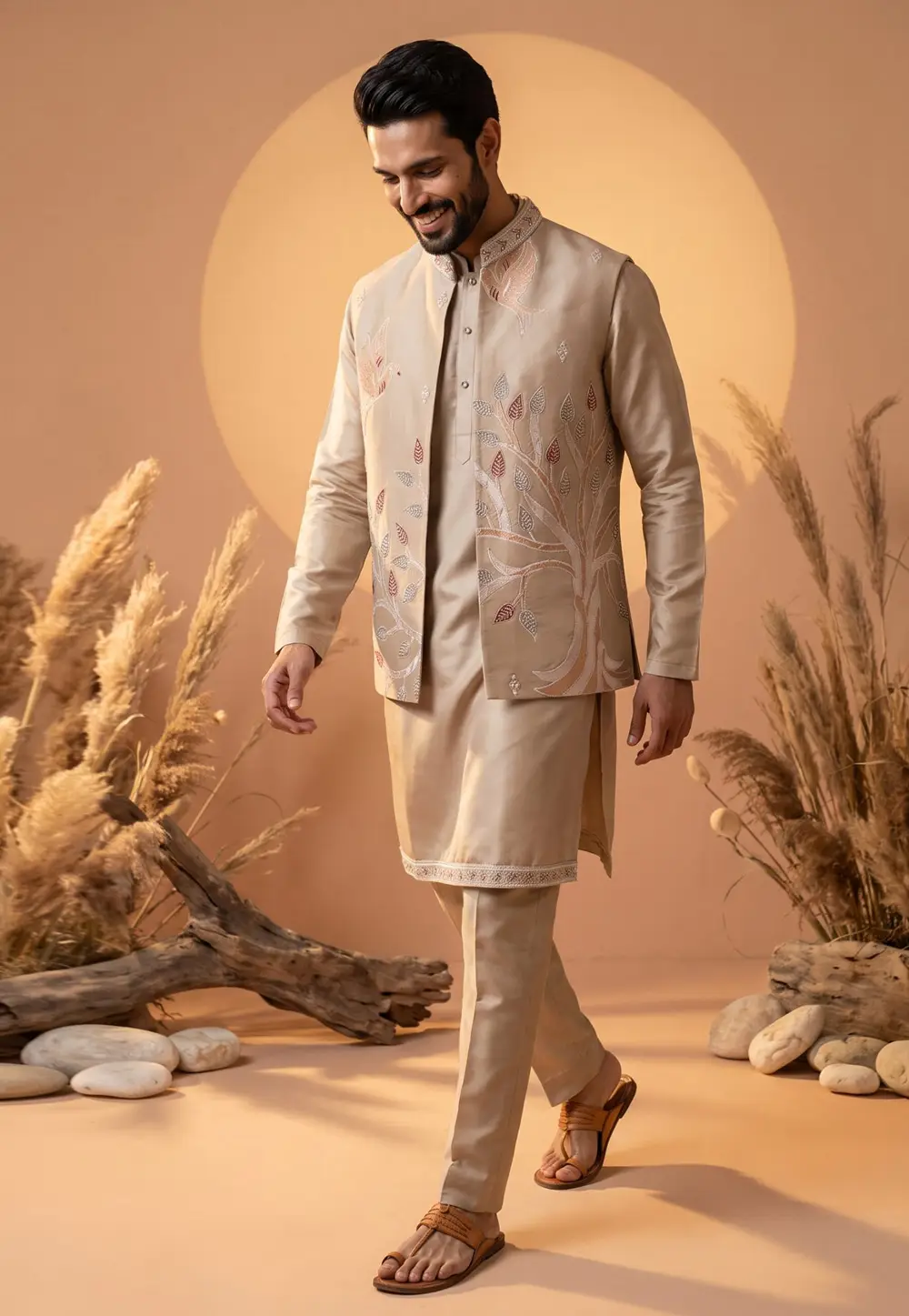 Beige Linen Kurta Pajama With Jacket 337188