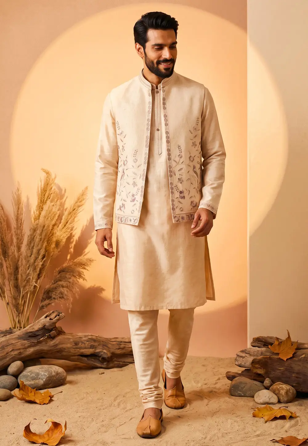 Beige Linen Kurta Pajama With Jacket 337189