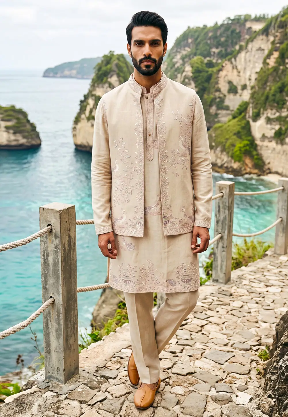Beige Linen Kurta Pajama With Jacket 337190