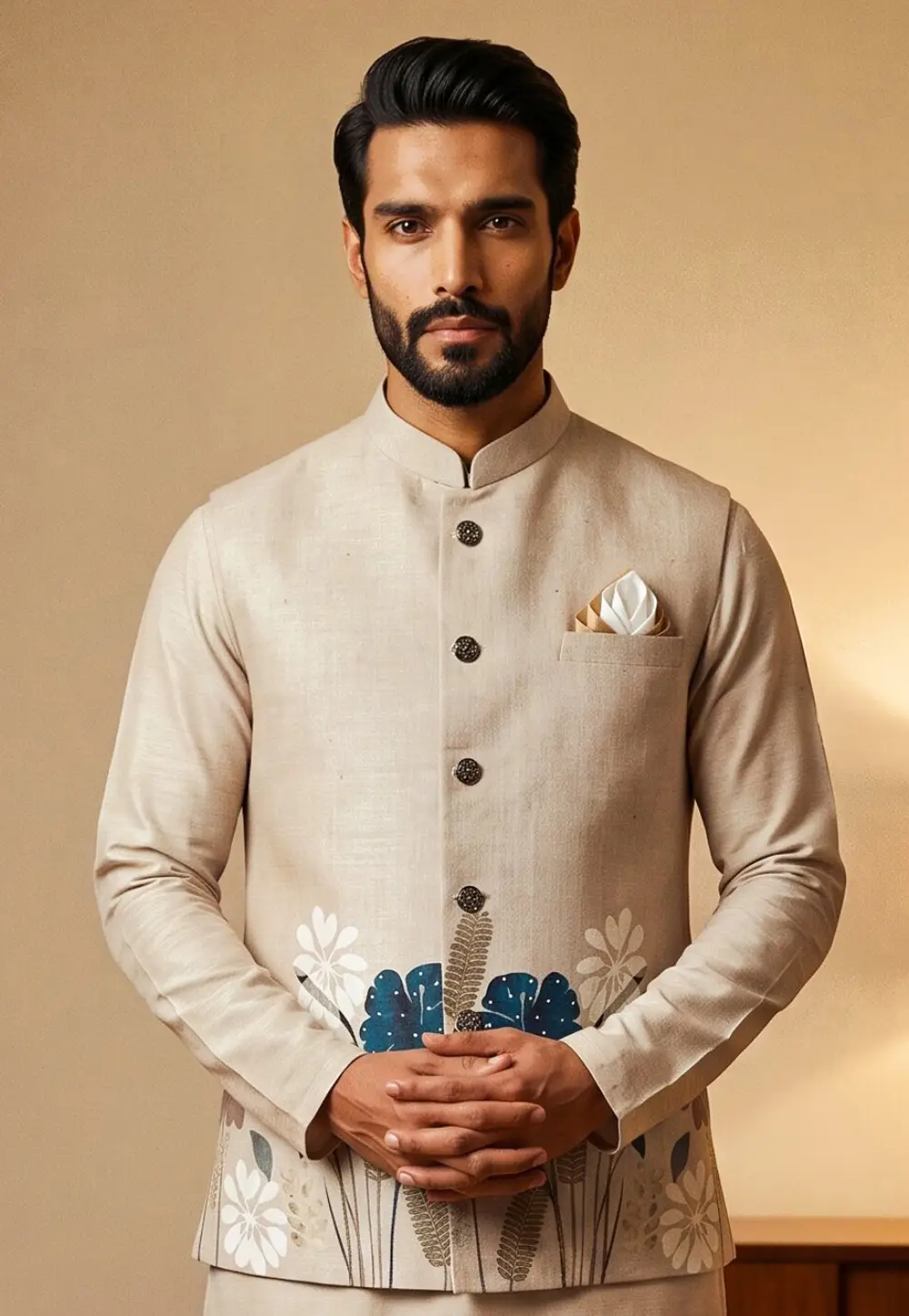 Beige Linen Nehru Jacket 337183