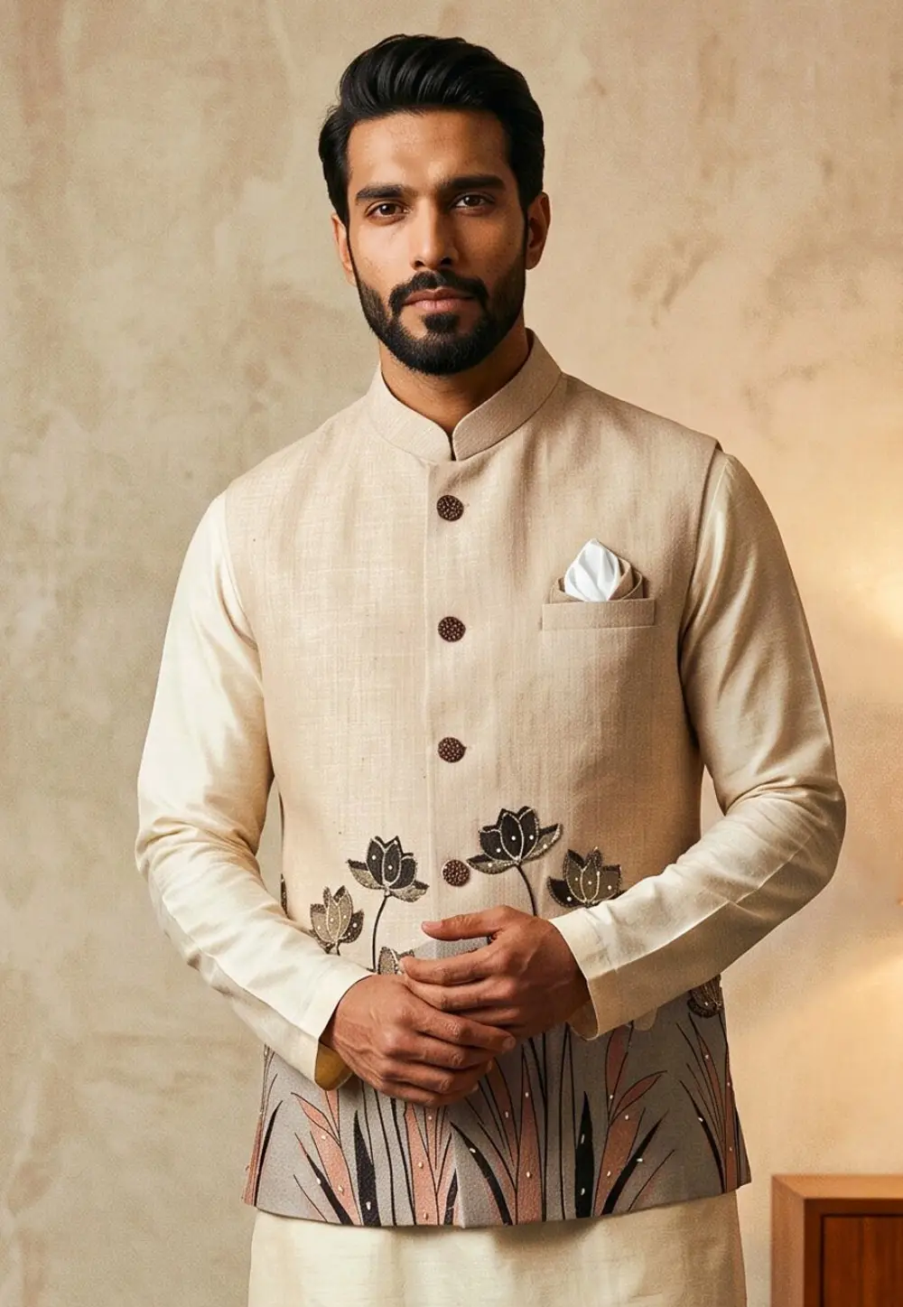 Beige Linen Nehru Jacket 337184