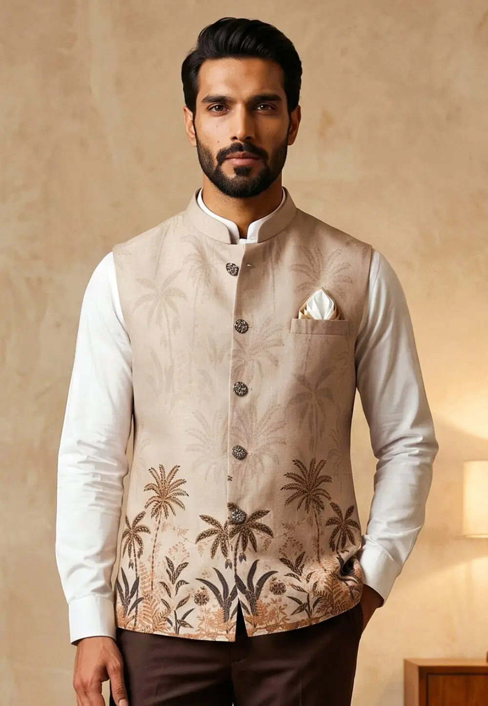 Beige Linen Nehru Jacket 337185