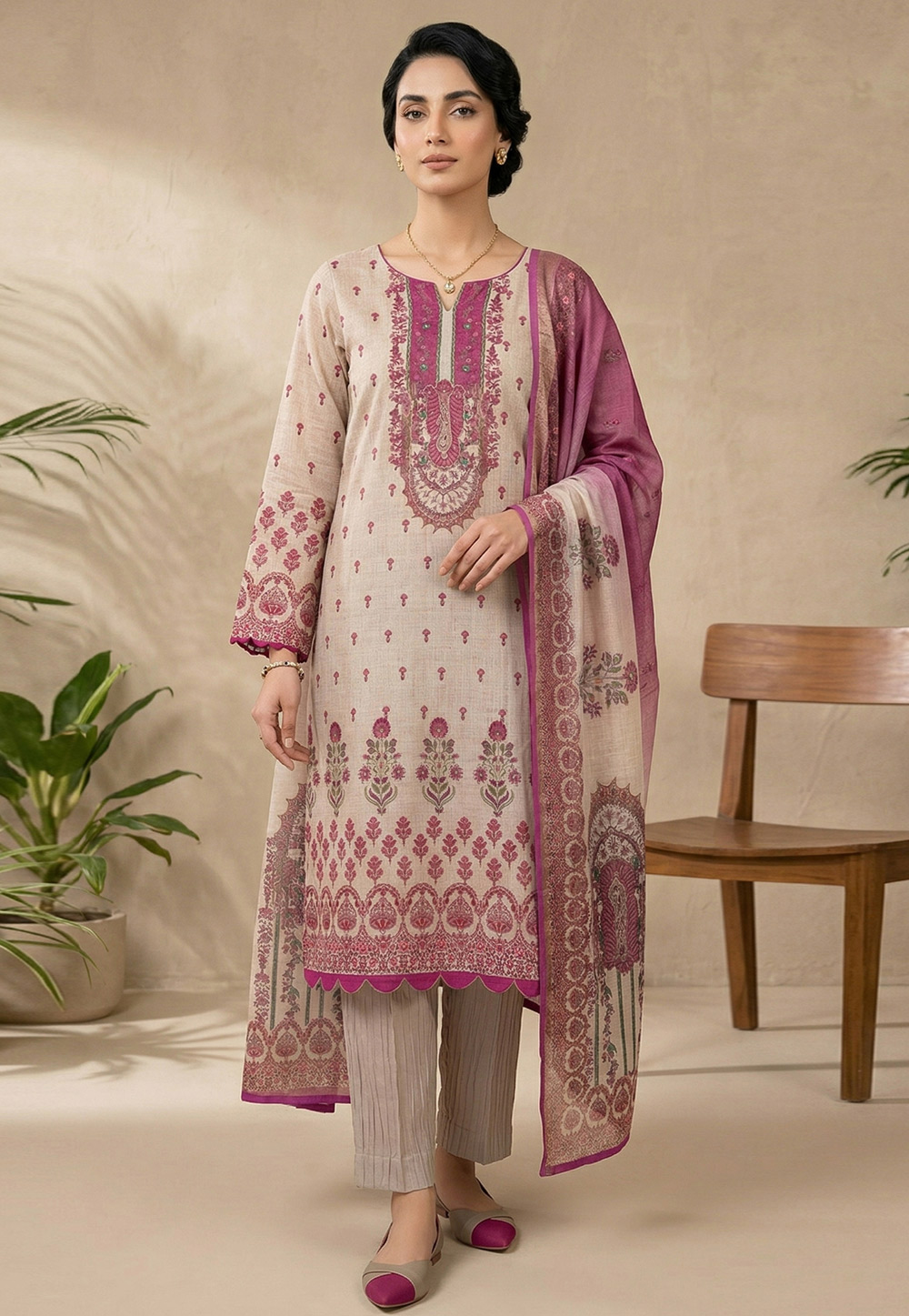 Beige Linen Pakistani Suit 327671