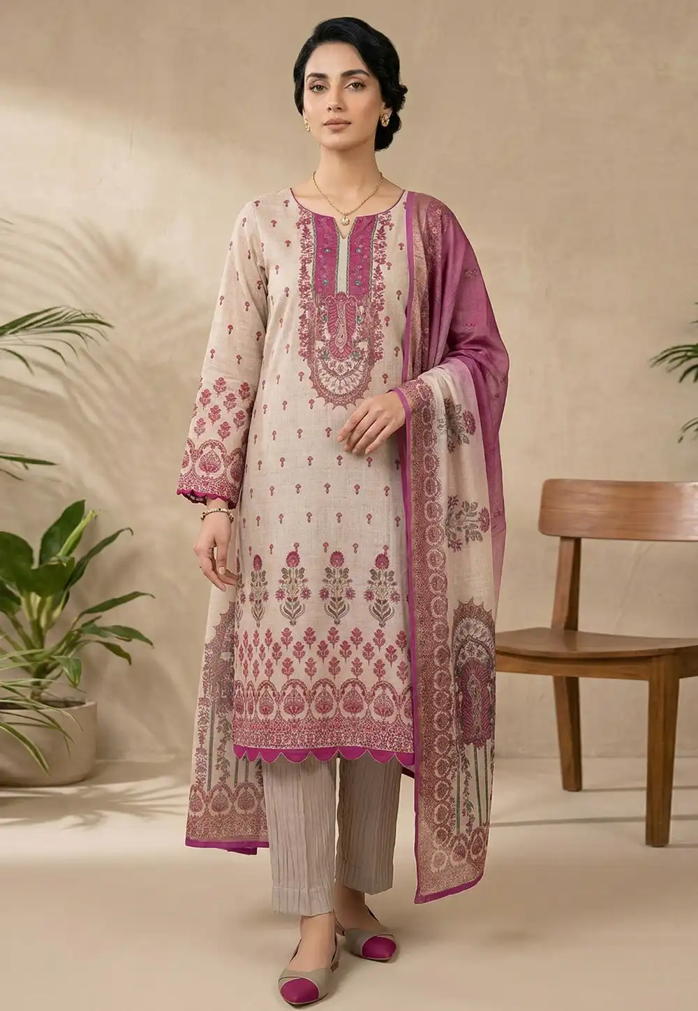 Beige Linen Pakistani Suit 327671