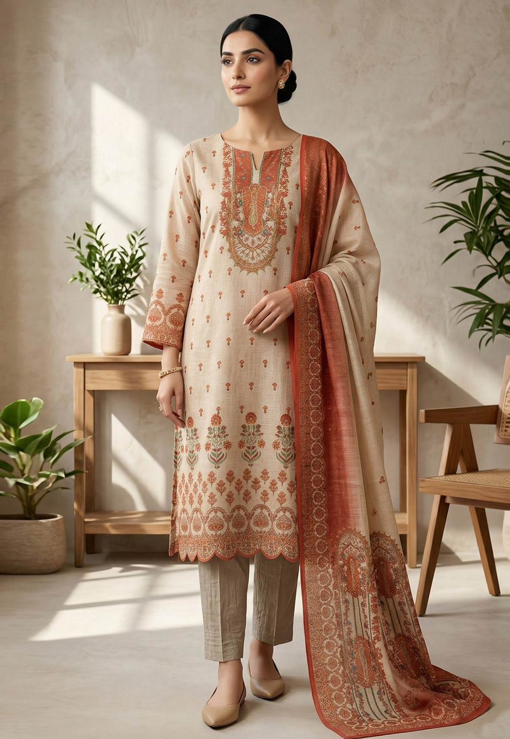 Beige Linen Pakistani Suit 327673