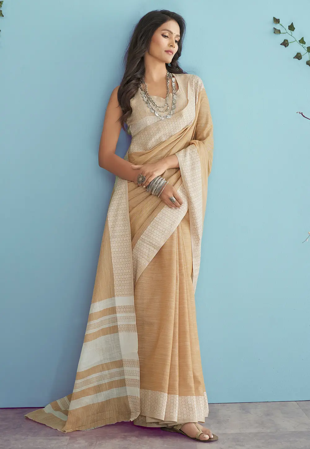 Beige Linen Saree With Blouse 332890