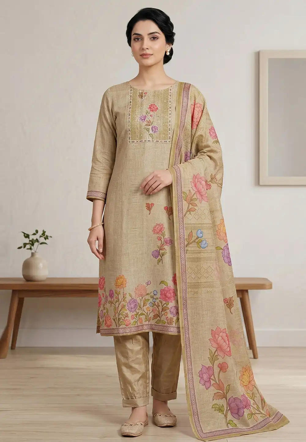 Beige Linen Straight Suit 327916