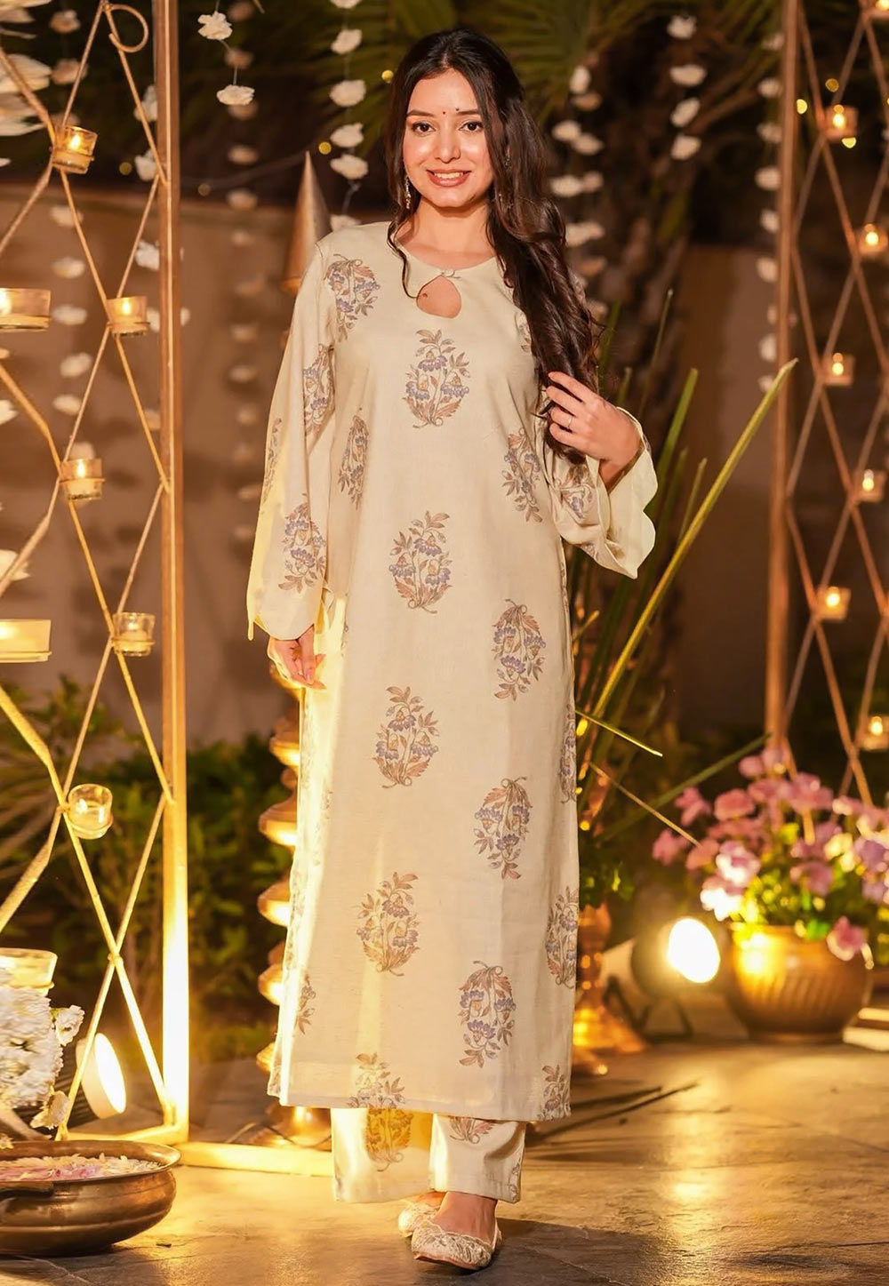 Beige Muslin Kurta Set With Palazzo 320901