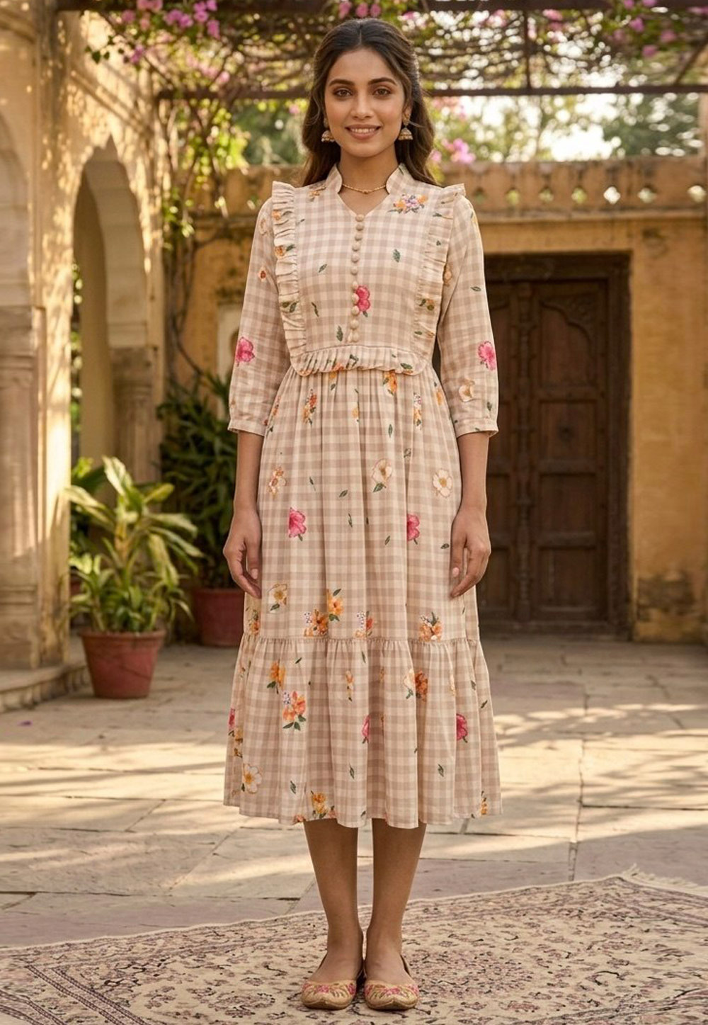Beige Muslin Printed Gown 328251