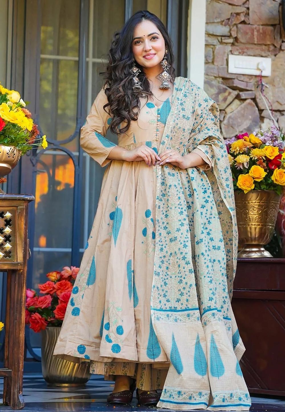 Beige Muslin Readymade Palazzo Suit 322912