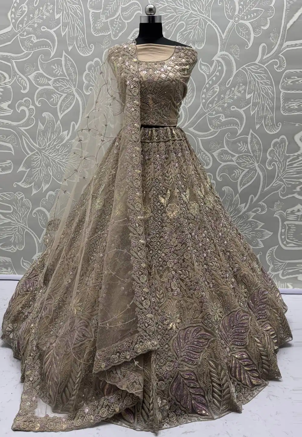 Beige Net Bridal Lehenga Choli 313611