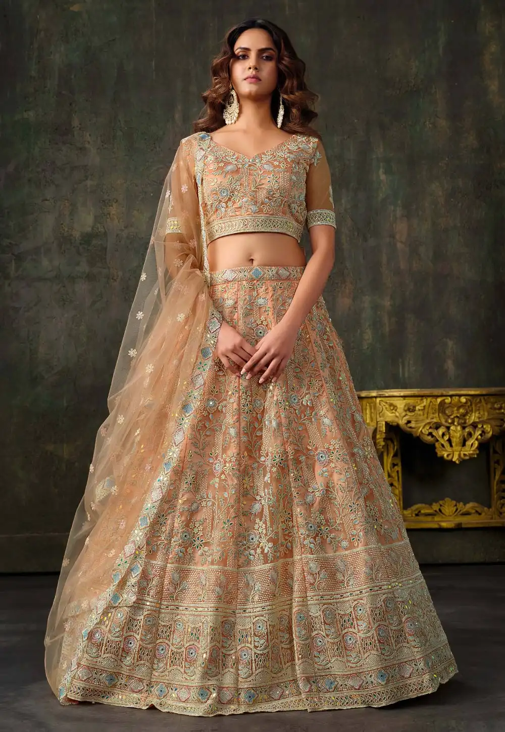Beige Net Circular Lehenga Choli 316949
