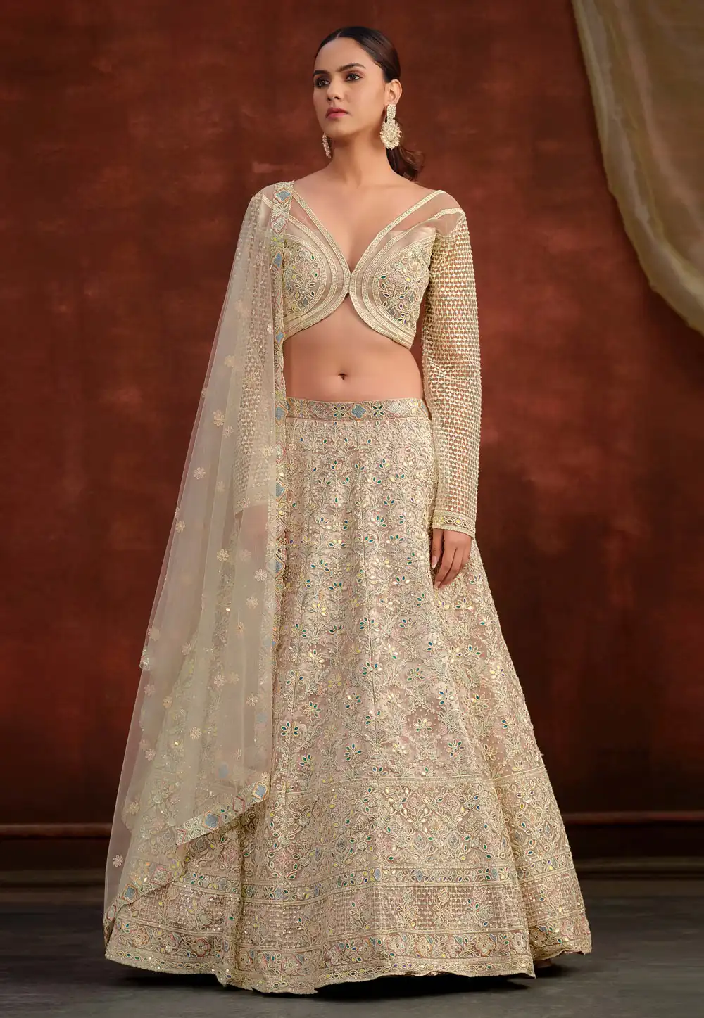 Beige Net Circular Lehenga Choli 316953