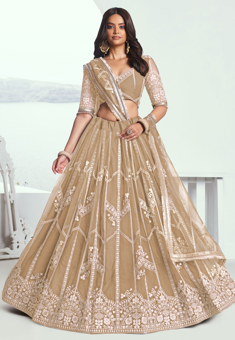 Beige Net Circular Lehenga Choli 308449