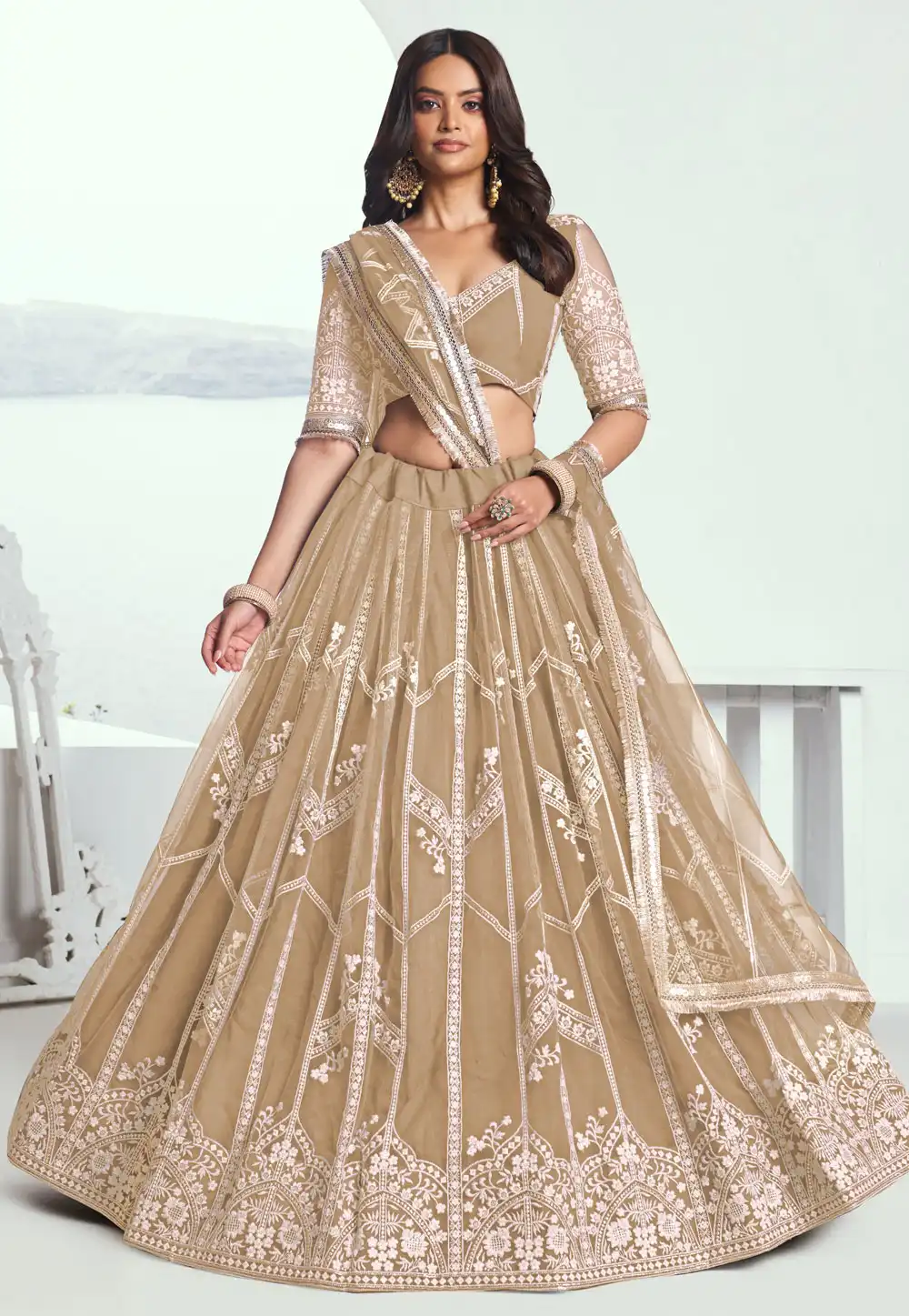 Beige Net Circular Lehenga Choli 308449