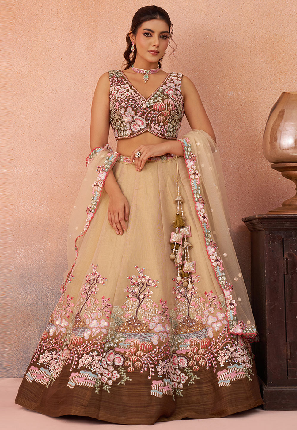 Beige Net Circular Lehenga Choli 326137