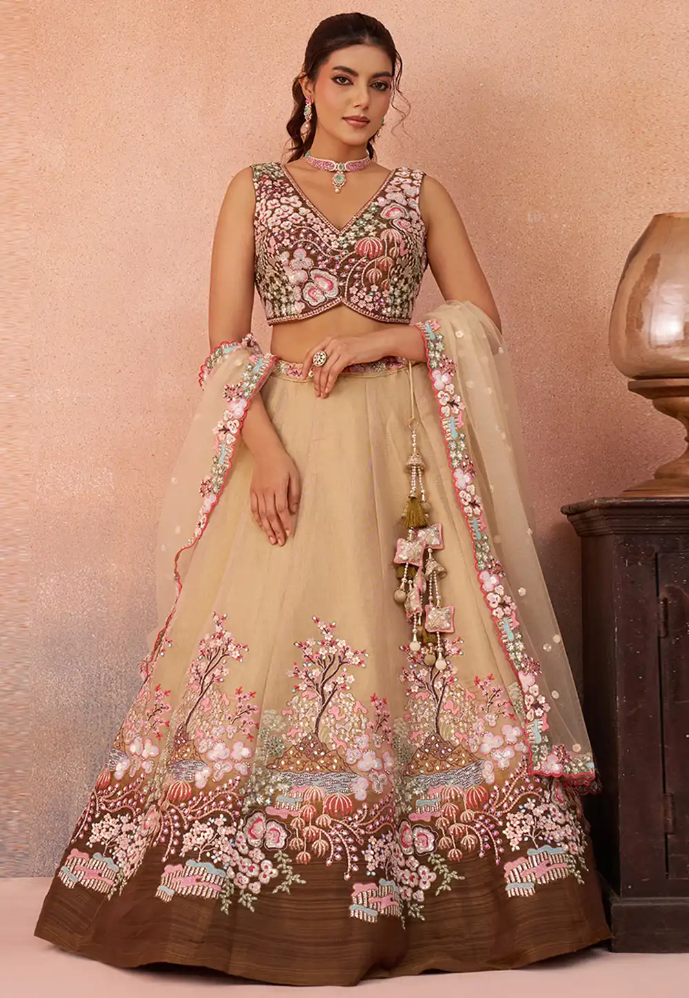 Beige Net Circular Lehenga Choli 326137